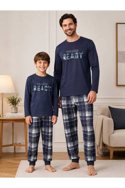 Fil Kids Father-Son Boy Child Gray Blue Plaid Patterned Winter Crew Neck Paja...