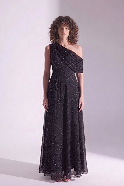 ZUZUQO One-Shoulder Glitter Polka Dot Tulle A-Line Long Evening Dress