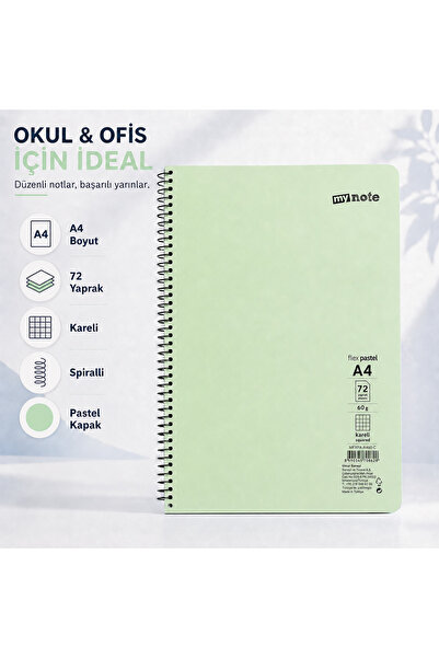 Mynote Flex Pastel A4 72 Yaprak 60 gr Spiralli Kareli Defter