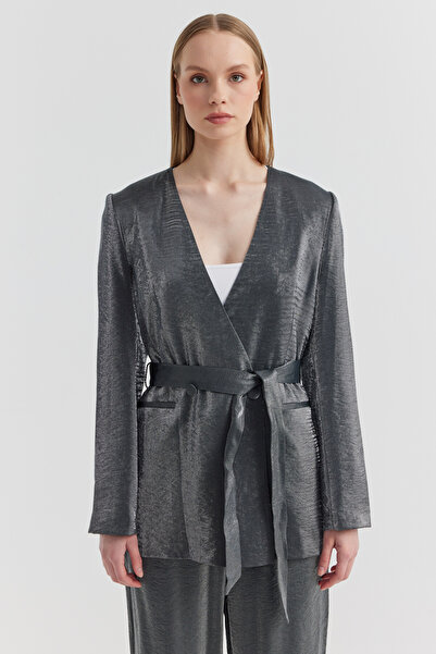 PAULMARK Women's Belted Shiny Satin Detailed Jacket