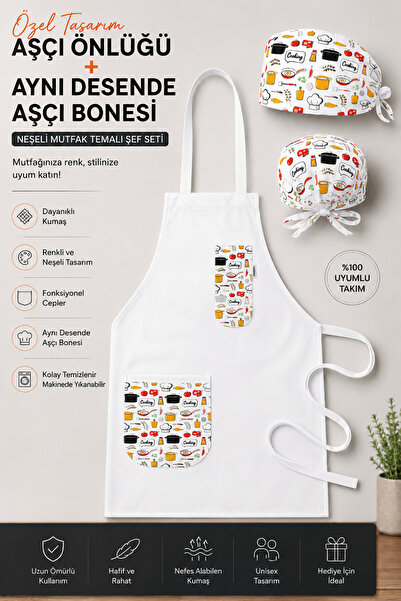 bonecim Özel Tasarım Aşçı Önlüğü ve Aşçı Bonesi Seti, Alpaka Kumaş Baskılı Ch...