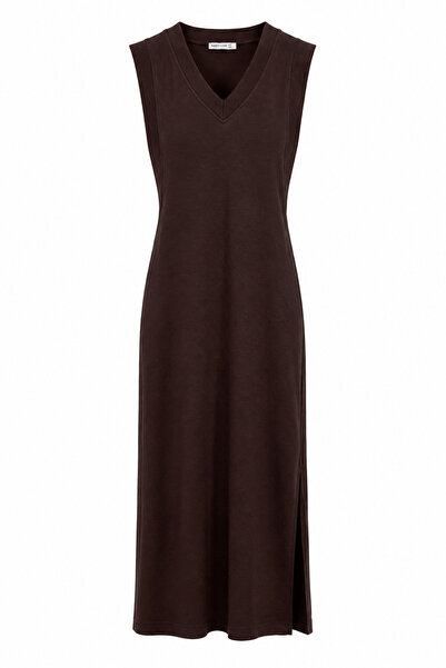 Buket Teke Brown V-Neck Long Basic Dress