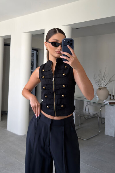 MAGARDE Tweed Vest with Zipper Detail - Black