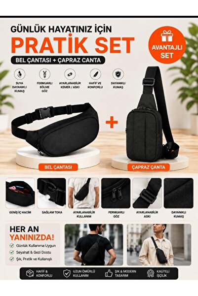 Sofia Double Black Crossbody Bag with Strap Waist Bag in Set