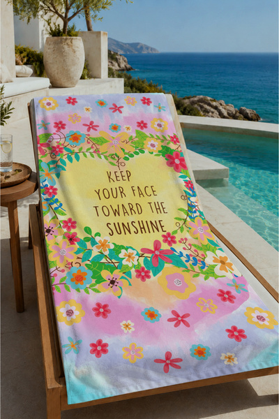 Evmila Pastel Floral Framed Summer Message Patterned 70X150 Beach Towel - Dig...