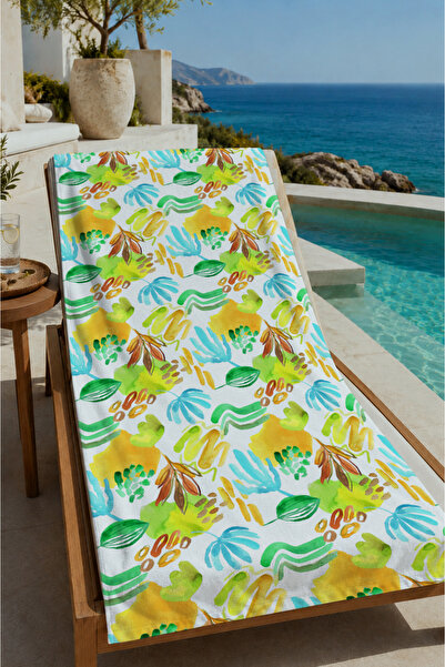 Evmila Yellow Green Blue Tropical Leaf and Bird Pattern 70X150 Beach Towel - ...