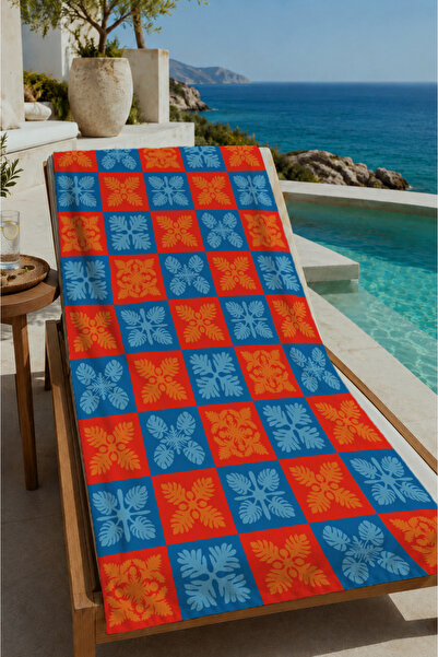 Evmila Orange Blue Checkerboard Ethnic Floral Motif 70X150 Beach Towel - Cott...