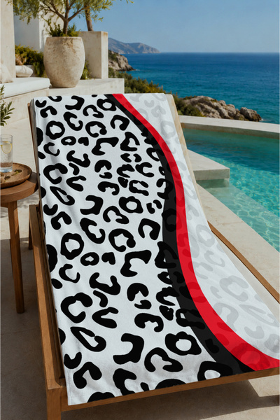 Evmila Beli crni leopard i crveni talasasti peškir za plažu 70x150 - pamučni ...