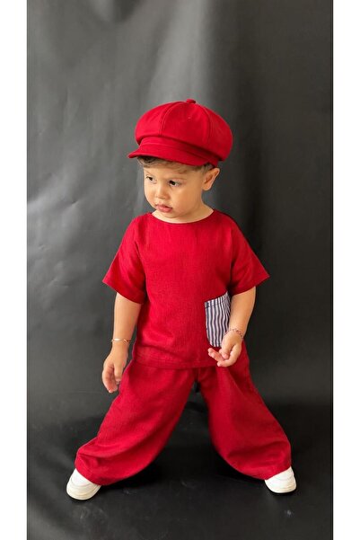 bohemiankids baby wear Red Linen Suit Hat with Gift