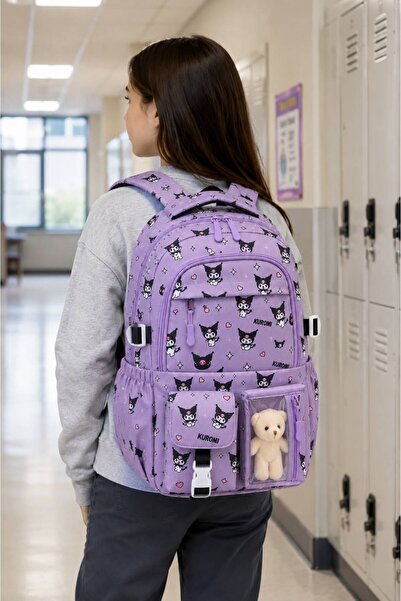 Bambus Kawaii Kore Tarzı Aksesuarlı Ortopedik Yerli Günlük Okul Çantası Kuromi Karakter