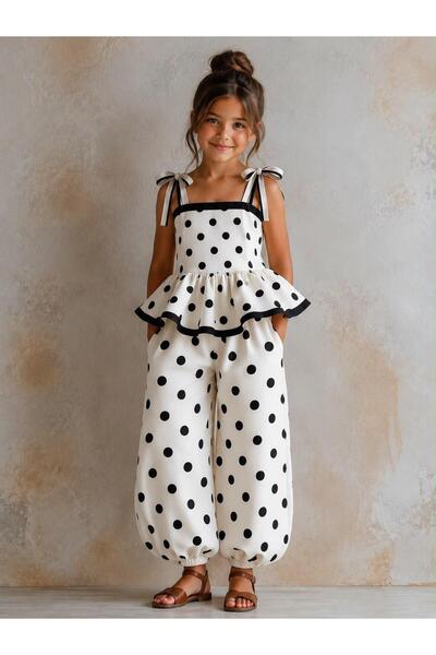 bohemiankids baby wear Devojčin crni set od 2 delova od poplina sa točkicama