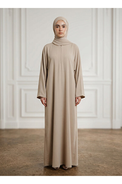 Nukhbaa Sand Beige Front Zip Nida Abaya with Inside Belt & Pockets