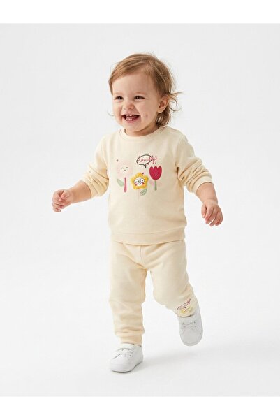 Kids Kingdom Pamuklu Çiçek Detaylı Çıtçıtlı 2li Kız Bebek Takım