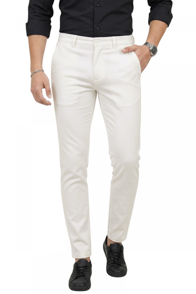 DeepSEA Men's White Modern Fit Lycra Fabric Trousers for Daily & Office Use 2...