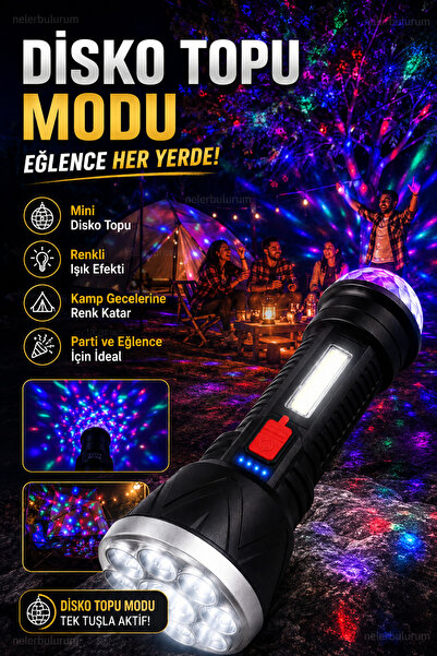 nelerbulurum Şarjlı Disko Toplu Işıldak Olabilen El feneri 9+1 LED El Feneri Type-C Şarj Girişli 5 Modlu Kamp Lambası Rgb Led Işık Işıldak El feneri