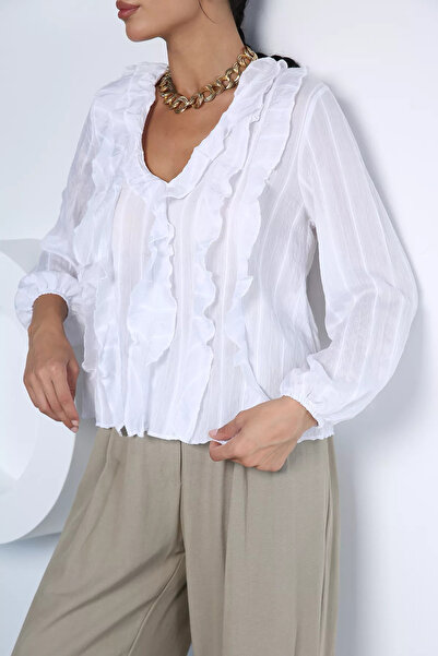 Aryena Cream V-Neck Ruffle Blouse