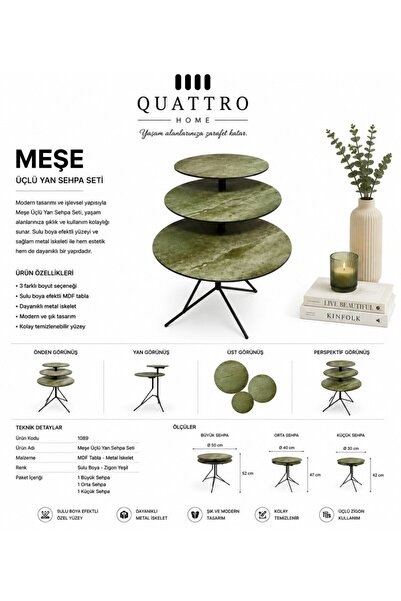 QUATTRO HOME Meşe 3’lü Sulu Boya Efektli Yeşil Yan Sehpa Seti