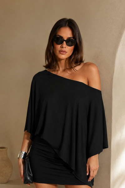 COMBİNE MİCHAİL Women's One-Shoulder Black Asymmetrical Draped Blouse
