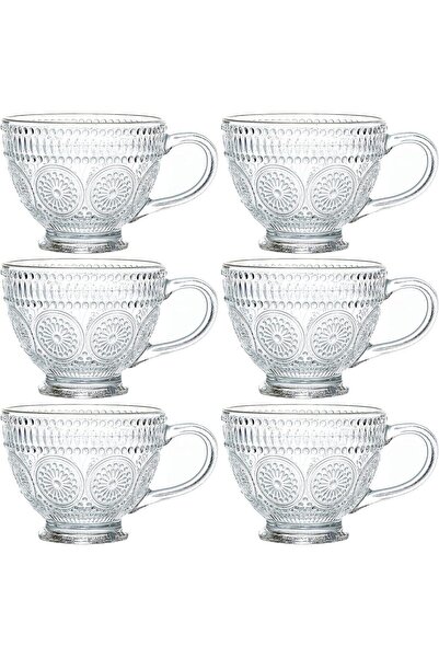 genric Glass Coffee Mugs with Handles, 6 Pack 430 ml Embossed Tea Cups Set, V...