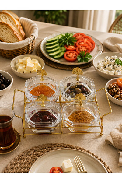 Leila 4'lü Gold Detaylı Cam Şekerlik Seti Plastik Kapaklı Kahvaltılık Reçelli...