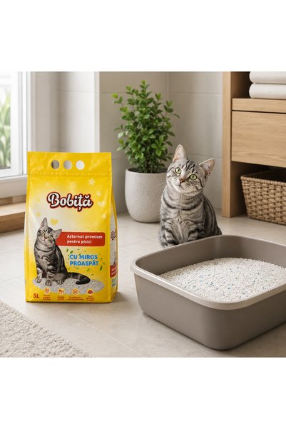 Bobita Bobiță Așternut Aglomerant (fara praf) pentru Pisici din Bentonită, Miros Proaspăt, 5 L (4,2 kg), Ambalaj Transparent