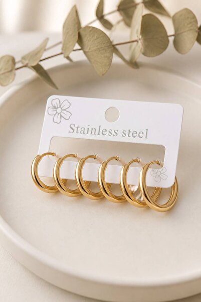 LYKOS Set of 3 Gold Color Stainless Steel Hoop Earrings - Non-Tarnish Plain M...