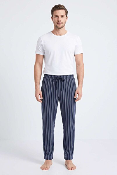 OBJE Men's Navy Blue White Striped Printed Combed Cotton Modal Pajama Bottoms