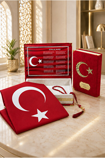 ihvan online Türk Bayraklı Kadife Kuran Seti Kişiye Özel İsimli Kutulu Tesbih...