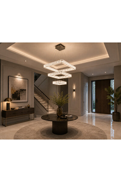SARAY 3 LÜ KRİSTAL TAŞLI KARE MODERN SARKIT LED AVİZE