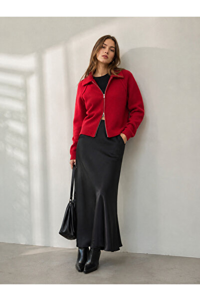 Retrobird Rosalie Oversize Polo Yaka Çift Fermuarlı Triko Hırka Kadın Kırmızı