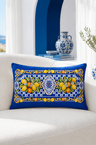 HOMESSA Cobalt Tile Lemon 2-Piece Throw Pillow Cover 35X55 cm