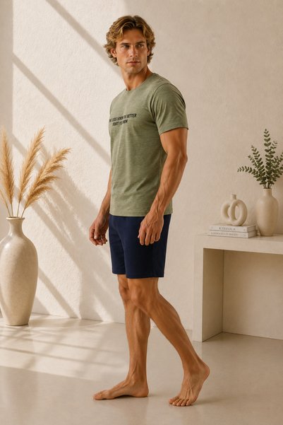 Pijamask Tricou cu mânecă scurtă cu imprimeu kaki pentru bărbați, cu pantaloni scurți bleumarin, set de pijamale din bumbac