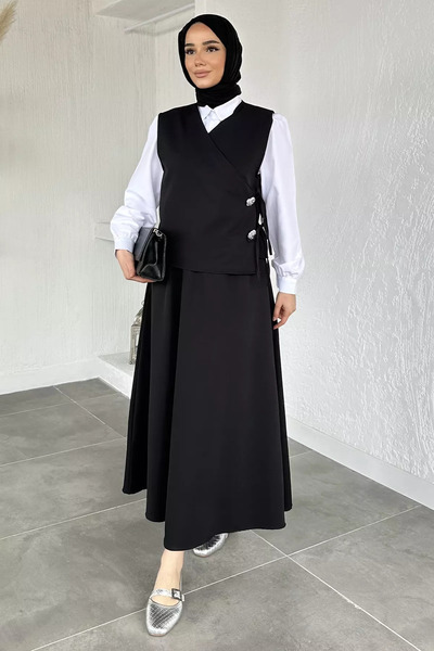 GÜLSELİ Black Elastic Waist Skirt, Stoned Vest, Hijab, Three-Piece Set