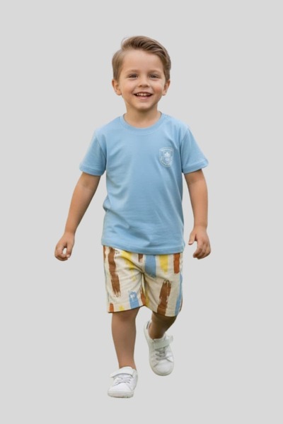 ww waka waka kids store Cloud Printed Blue T-Shirt and Striped Shorts Baby/Ki...