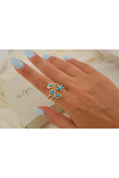 ATELİER TUĞBA Yzk673 Turquoise Clover and Teardrop Stone Adjustable Ring