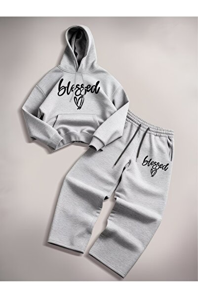 darkopia Set de pantaloni de trening largi, cu glugă, cu imprimeu Hearted Ble...