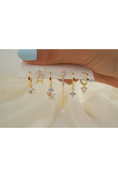 ATELİER TUĞBA Çkp6024 Butterfly Pearl and Flower Detailed Hanging Earring Set...