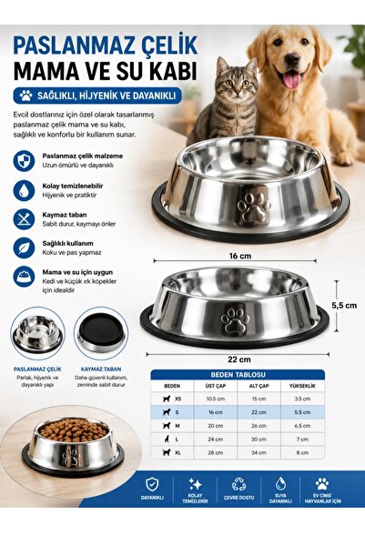 NİSİBİS HOME 16 CM Paslanmaz Çelik Mama ve Su Kabı - Kaymaz Tabanlı Evcil Hay...