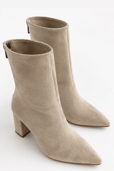 İX Daisy Women's Beige Suede Boots - Pointed Toe Thick Heeled Beige Boots wit...