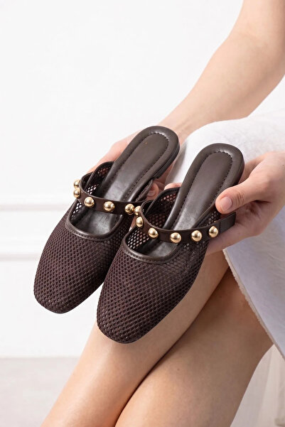FUGA MODA Lento Brown Mesh Gold Troc Closed-Front Women's Slippers