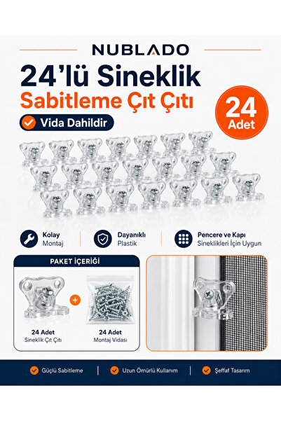 NUBLADO 24’lü Sineklik Sabitleme Çıt Çıtı Seti Vida Dahil Şeffaf Plastik Penc...