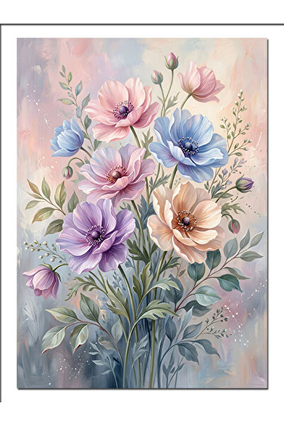 Artmeg Pânză decorativă cu buchet de flori mov albastru pastel - Tablou din l...