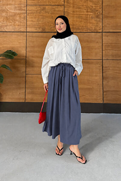 Miss Allos Wide-Legged Draped Modal Fabric Skirted Trousers with Elastic Waist