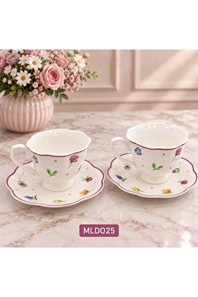 VETRİN Set of 2 Flower Patterned Porcelain Coffee Cups