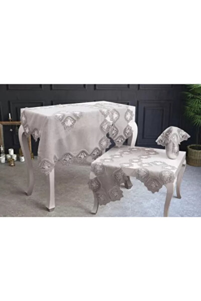 Ceki Home Set de masă 5 piese din dantelă de in, set cu traversă, model flori...