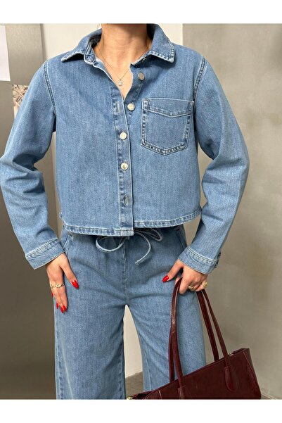 Moda Days Women's Light Blue Denim Shirt Crop Cut Light Blue Pocket Detail Lo...