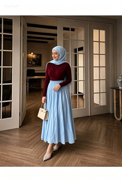 SAMSA Kadın Beli Lastikli Kırışık Astarlı Etek Vual Kumaş İç Göstermez Rahat ...