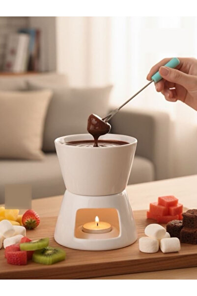 Seramik Çikolata Fondü Seti Mum Isıtmalı Fondü Potu Meyve ve Marshmallow Sunumluk Beyaz