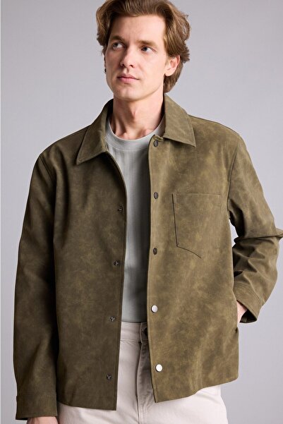 DeFacto Regular Fit Shirt Collar Lined Snap Fastener Suede Look Faux Leather ...