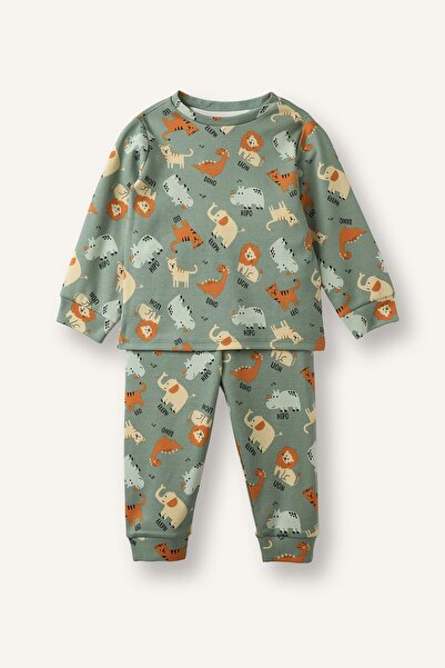 DeFacto Printed Long Sleeve Top Elasticized Leg Bottom 2-Piece Pajama Set Bab...